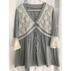 Gray Lace Babydoll Top Women Large 3/4 Bell Sleeve Button Front Boho Blouse